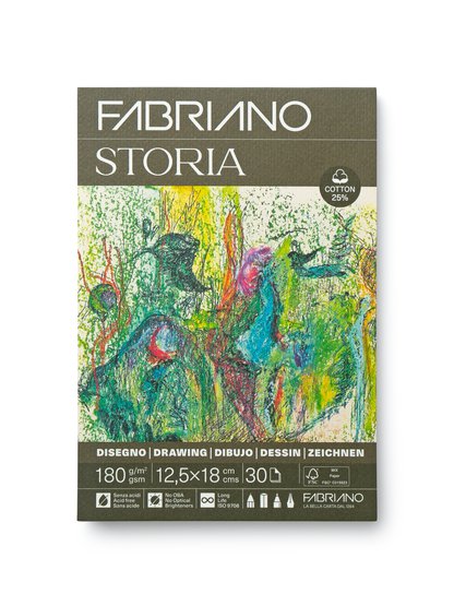 Бумага для рисования Fabriano Storia изготовлена с добавлением 25% хлопковых волокон.
Её поверхность с фактурой «felt-marked» имеет мягкую и деликатную текстуру, идеально подходящую для тонких штрихов и точных линий. Бумага обладает архивным качеством (сертифицирована для долговременного хранения)…