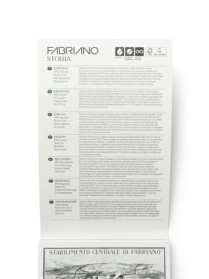 Бумага для рисования Fabriano Storia изготовлена с добавлением 25% хлопковых волокон.
Её поверхность с фактурой «felt-marked» имеет мягкую и деликатную текстуру, идеально подходящую для тонких штрихов и точных линий. Бумага обладает архивным качеством (сертифицирована для долговременного хранения)…
