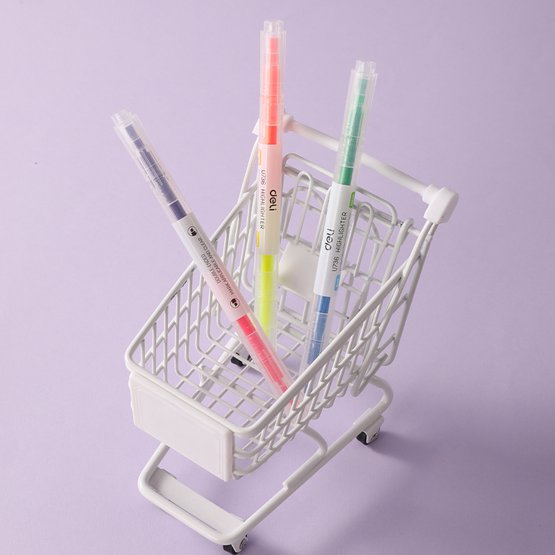 Набор двусторонних текстовыделителей Deli, скошенный наконечник, 6 цветов, круглый корпус, бокс