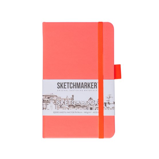 Скетчбук для зарисовок Sketchmarker, неоновый коралл, жесткая обложка с резинкой, 140 г/м2, 9х14 см, 80 листов, цвет бумаги слоновая кость