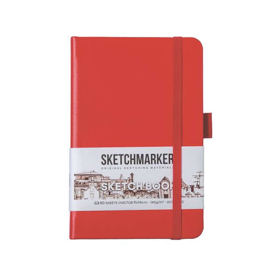 Скетчбук для зарисовок Sketchmarker, красный, жесткая обложка с резинкой, 140 г/м2, 9х14 см, 80 листов, цвет бумаги слоновая кость