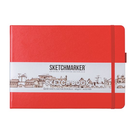 Скетчбук для зарисовок Sketchmarker, красный, жесткая обложка с резинкой, 140 г/м2, 21x14,8 см, 80 листов, цвет бумаги слоновая кость
