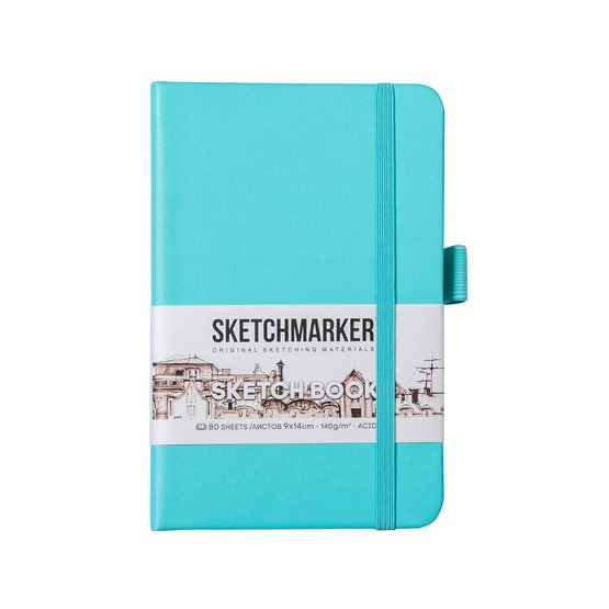 Скетчбук для зарисовок Sketchmarker, аквамарин, жесткая обложка с резинкой, 140 г/м2, 9х14 см, 80 листов, цвет бумаги слоновая кость