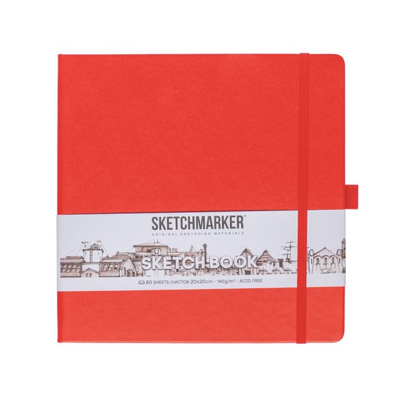 Скетчбук для зарисовок Sketchmarker, красный, жесткая обложка с резинкой, 140 г/м2, 20x20 см, 80 листов, цвет бумаги слоновая кость