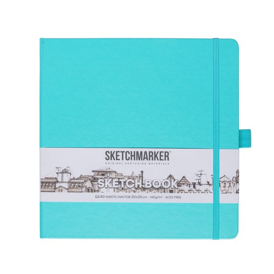 Скетчбук для зарисовок Sketchmarker, аквамарин, жесткая обложка с резинкой, 140 г/м2, 20x20 см, 80 листов, цвет бумаги слоновая кость