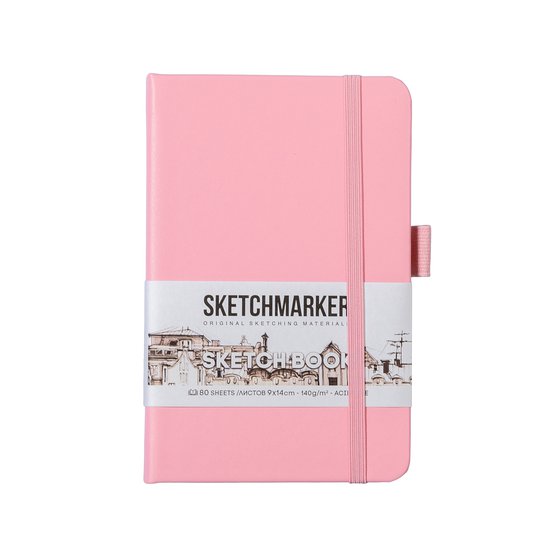 Скетчбук для зарисовок Sketchmarker, розовый, жесткая обложка с резинкой, 140 г/м2, 9х14 см, 80 листов, цвет бумаги слоновая кость