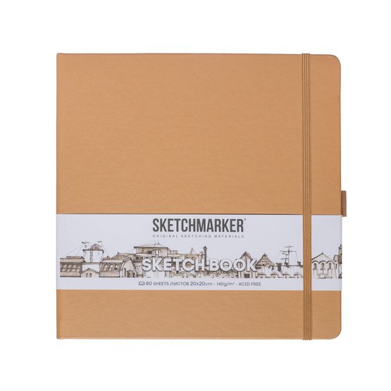 Скетчбук для зарисовок Sketchmarker, капучино, жесткая обложка с резинкой, 140 г/м2, 20x20 см, 80 листов, цвет бумаги слоновая кость