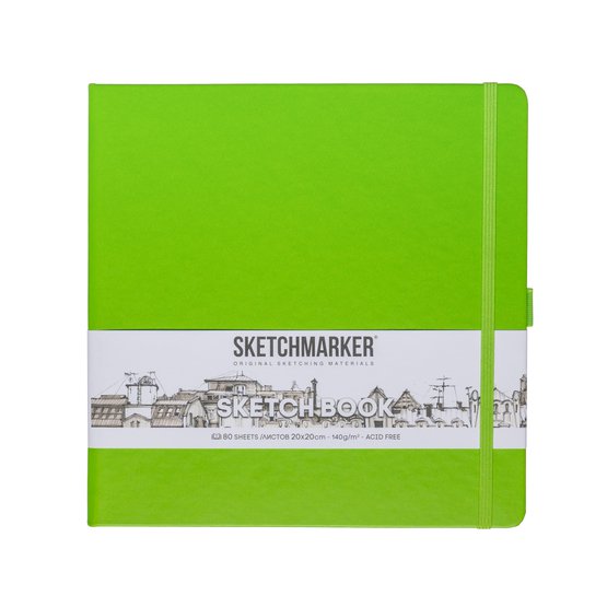 Скетчбук для зарисовок Sketchmarker, зеленый луг, жесткая обложка с резинкой, 140 г/м2, 20x20 см, 80 листов, цвет бумаги слоновая кость