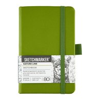 Скетчбук для зарисовок Sketchmarker, оливковый, жесткая обложка с резинкой, 140 г/м2, 9х14 см, 80 листов, цвет бумаги слоновая кость