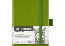 Скетчбук для зарисовок Sketchmarker, оливковый, жесткая обложка с резинкой, 140 г/м2, 9х14 см, 80 листов, цвет бумаги слоновая кость