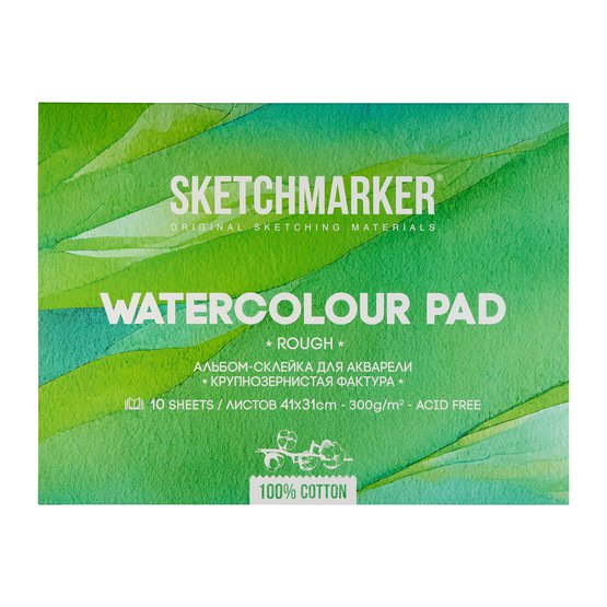 Альбом-склейка для акварели Sketchmarker 31х41 см 300г/кв.м 10л 100% хлопок крупнозернистая