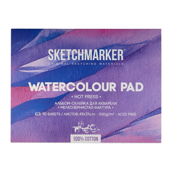 Альбом-склейка для акварели Sketchmarker 31х41 см 300г/кв.м 10л 100% хлопок мелкозернистая