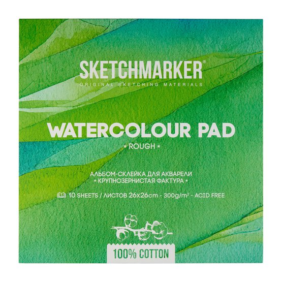 Альбом-склейка для акварели Sketchmarker 26х26 см 300г/кв.м 10л 100% хлопок крупнозернистая