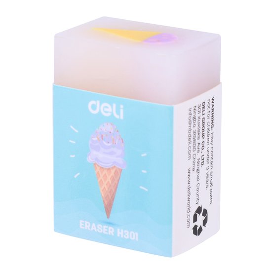 Ластик Deli EH301 — компактный школьный ластик из серии общего назначения. Изготовлен из безопасного PVC-материала, обеспечивающего чистое и аккуратное стирание без повреждения бумаги. Поставляется в ассорти цветов и предназначен для ежедневного использования в школе и офисе.
