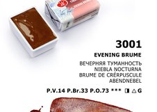 ЛИМИТИРОВАННАЯ КОЛЛЕКЦИЯ 2025
 «ТУМАННОСТЬ»
 ТРЕХЧАСТНАЯ ГРАНУЛЯЦИЯ В АКВАРЕЛИ
 Пигментный состав: P.V.14 P.Br.33 P.O.73 
 Укрывистость: ◨  - полупрозрачная краска 
 Светостойкость: *** - светостойкая краска 
 Устойчивость к смыванию: △ - легкосмываемая краска 
 G – грануляция
  Вечерняя туманность…