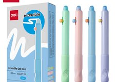 Автоматическая гелевая ручка Deli EG310-BL "Erasable" с функцией стирания. Пулевидный наконечник 0,5 мм обеспечивает плавное письмо. Мягкий эргономичный грип с выемками под пальцы повышает комфорт при длительном использовании. Круглый корпус, синие чернила, картонная коробка.