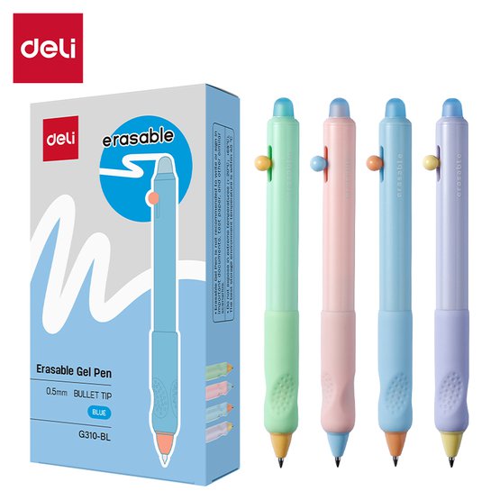 Автоматическая гелевая ручка Deli EG310-BL "Erasable" с функцией стирания. Пулевидный наконечник 0,5 мм обеспечивает плавное письмо. Мягкий эргономичный грип с выемками под пальцы повышает комфорт при длительном использовании. Круглый корпус, синие чернила, картонная коробка.
