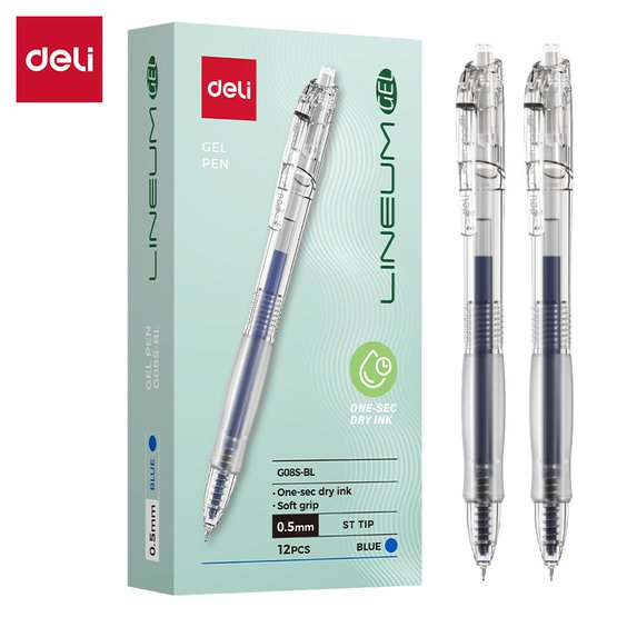 Ручка Deli LINEUM-GEL EG08S-BL 0,5 мм с гибридным ST-наконечником. Быстросохнущие синие чернила (≈1 сек) обеспечивают чистое письмо без размазывания. Прозрачный круглый корпус и мягкий грип.