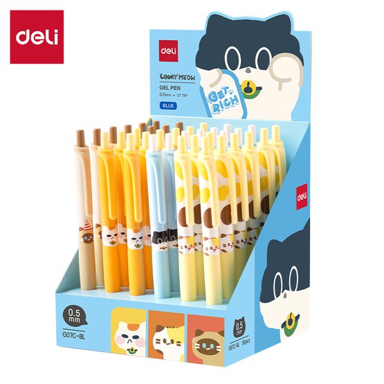 Ручка Deli EG07C-BL "Lucky Meow" 0,5 мм с синими чернилами. Корпус с декоративной печатью и 4 дизайна ассорти. Поставляется в дисплей-боксе. Подходит для школьного использования.