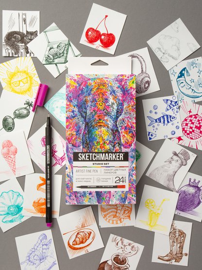 Набор цветных линеров Sketchmarker Artist Fine Pen Studio 24 цвета в картонной упаковке