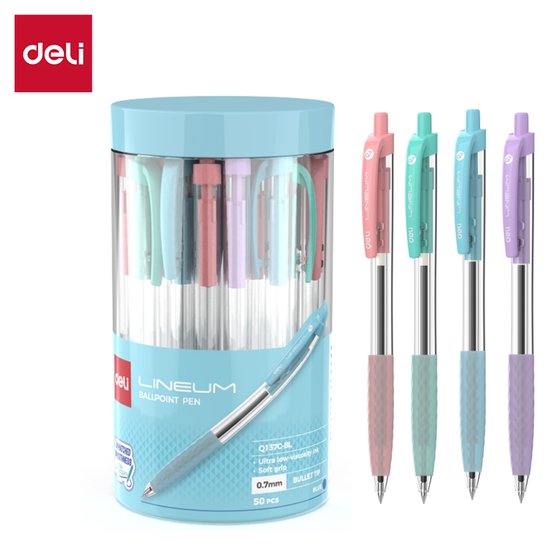Шариковая ручка Deli Lineum EQ137C-BL 0,7 мм с гибридными чернилами. Обеспечивает стабильное и мягкое письмо. Корпус ассорти из 4 цветов.
