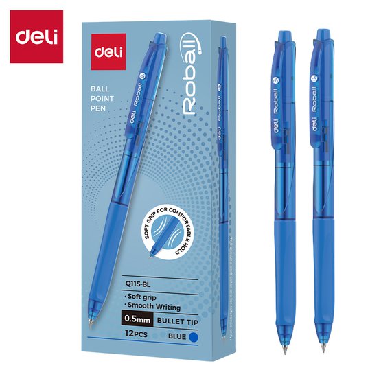 Шариковая ручка Deli ROBALL EQ115-BL 0,5 мм с пулевидным наконечником. Синие чернила обеспечивают аккуратное письмо. Круглый тонированный корпус, картонная коробка.