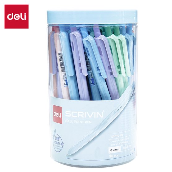 Шариковая ручка Deli SCRIVIN EQ107C-BL 0,7 мм автоматическая. Синие чернила пониженной вязкости обеспечивают плавное письмо. Корпус ассорти из 4 цветов, пластиковая туба.