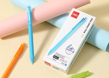 Ручка шариковая автоматическая Deli, 0,7 мм, синяя, чернила пониженной вязкости, 4 цвета корпуса ассорти, картонная коробка