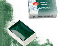  Пигментный состав:  P.G.26  
 Укрывистость: ◨  - полупрозрачная краска 
 Светостойкость: *** - светостойкая краска 
 Устойчивость к смыванию: ◮  - смываемая краска 
 G – грануляция
 Приглушённый пейзажный  зеленый тон  - отличительный признак Шпинели зеленой. Полупрозрачный красочный слой с делика…