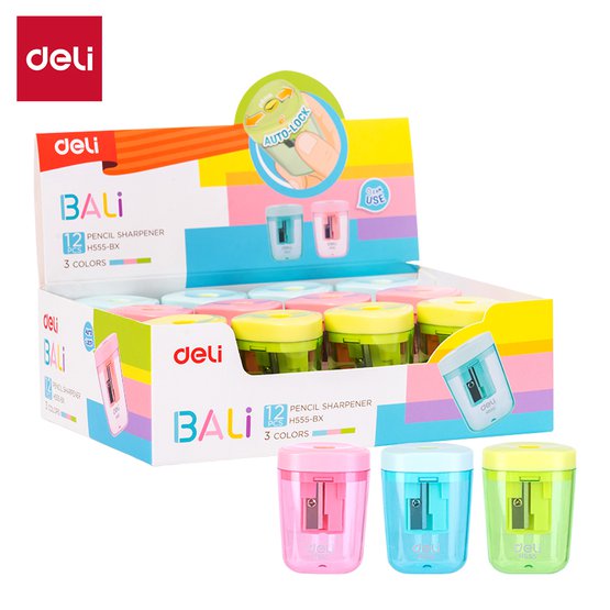 Точилка Deli Bali оснащена одним отверстием и контейнером для сбора стружки. Трехгранный корпус удобно лежит в руке. Представлена в трех цветах ассорти и подходит для ежедневного использования.