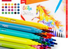Набор фломастеров Deli ColoRun содержит 24 ярких цвета для рисования и раскрашивания. Вентилируемые колпачки повышают безопасность при использовании детьми. Фломастеры подходят для школы, творчества и хобби.