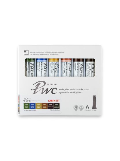 Палитра набора премиальной акварели PWC от южнокорейского бренда Shinhan Art «Земля»  состоит из 6 насыщенных цветов в тубах по 7,5 мл:
№562 Оливково-зеленый
№618 Кобальт синий
№674 Охра жёлтая
№665 Сиена жженая
№668 Красно-коричневый
№680 Ван Дик коричневый
Цвета PWC чистые и прозрачные, от…